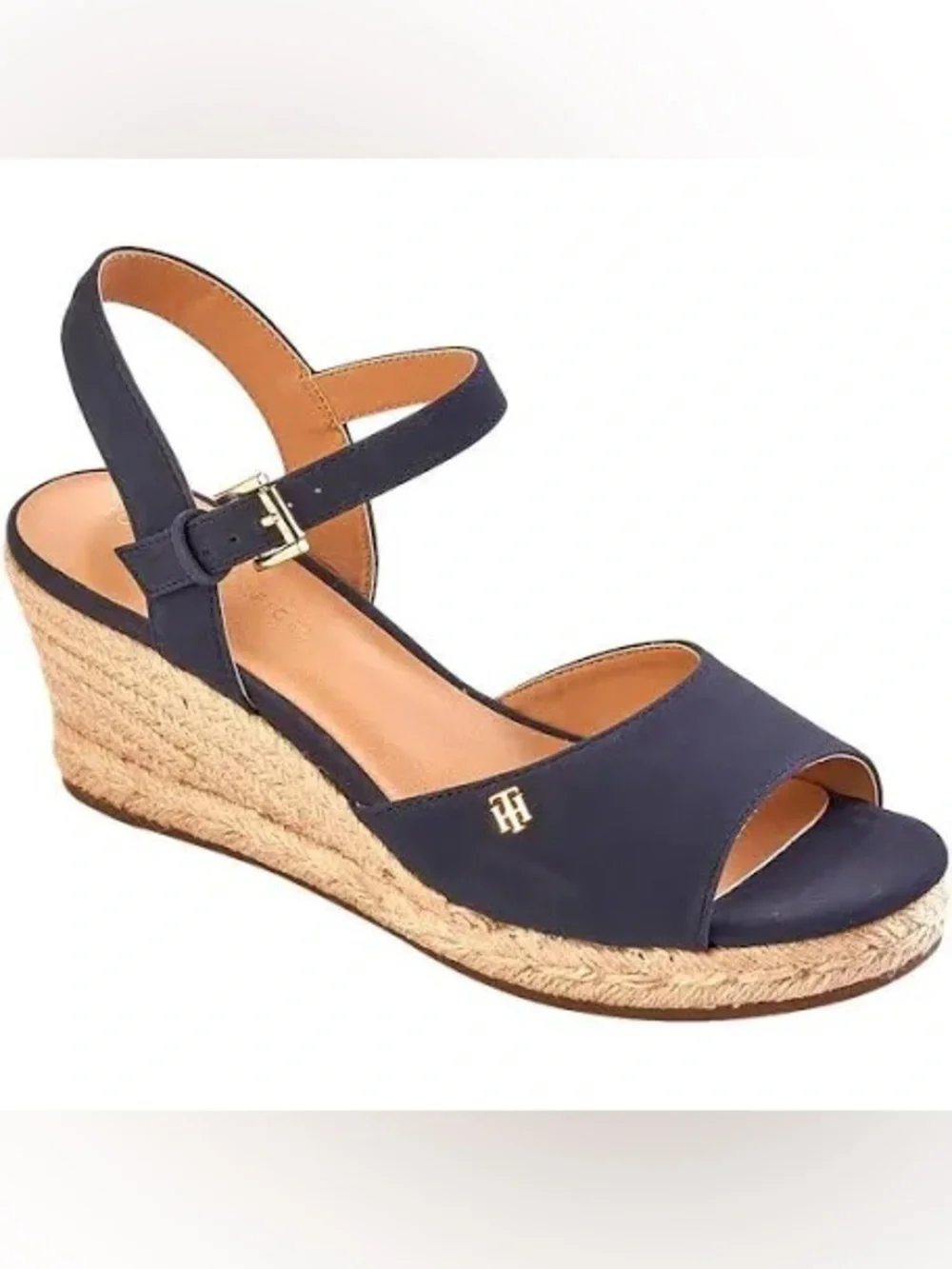 Tommy Hilfiger Navy Espadrille Wedge Sandals with Gold Logo